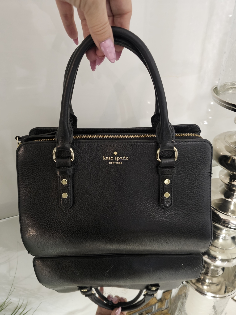 kate spade New York Mulberry St Black Pebbled Leather Satchel with Gold Hardware